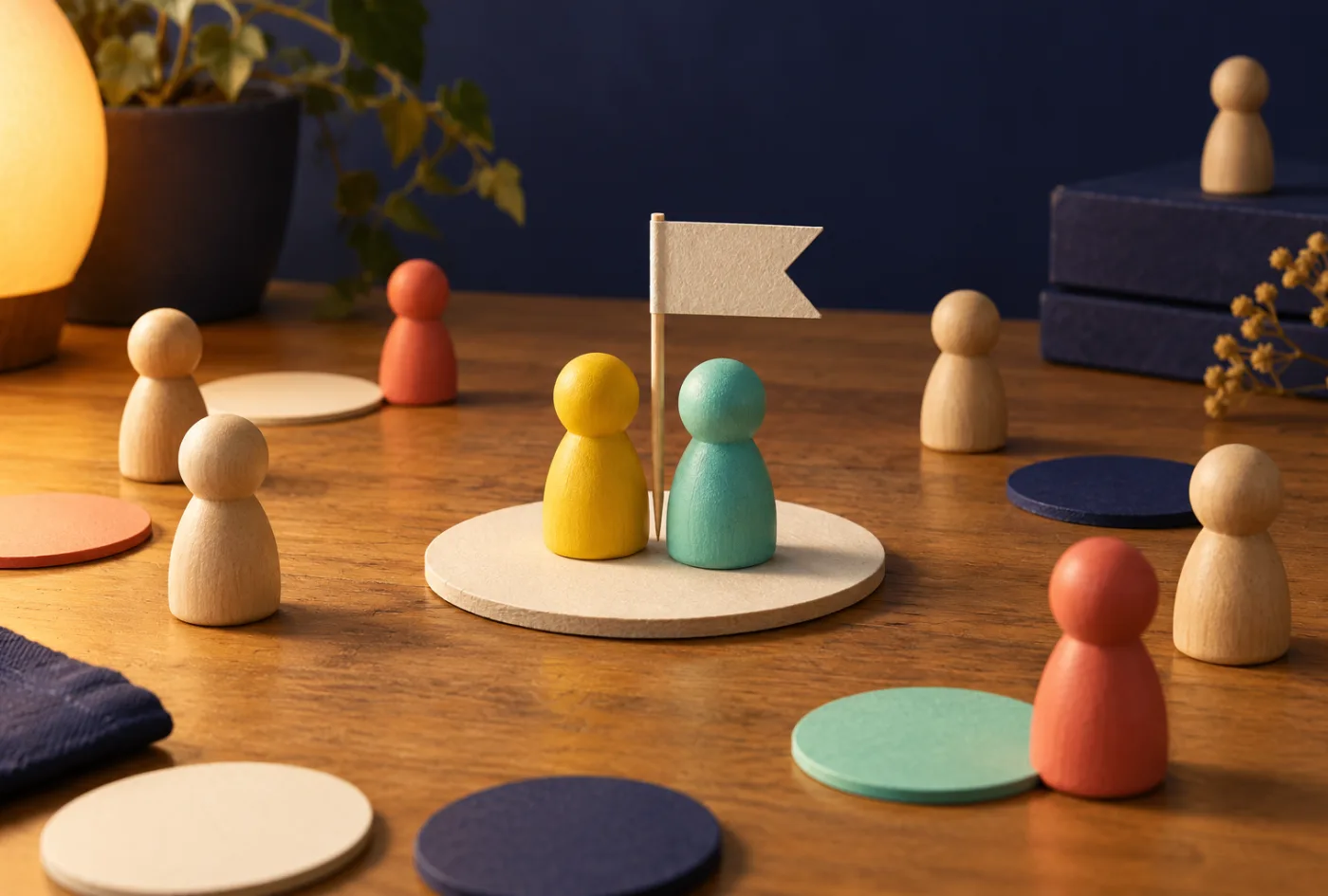 A raspberry figurine and a blue one share the same crowded tile, with a small paper pennant between them.