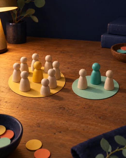 Two tiles side by side: a crowd around a raspberry figurine on one, a few figurines around a blue one on the other.